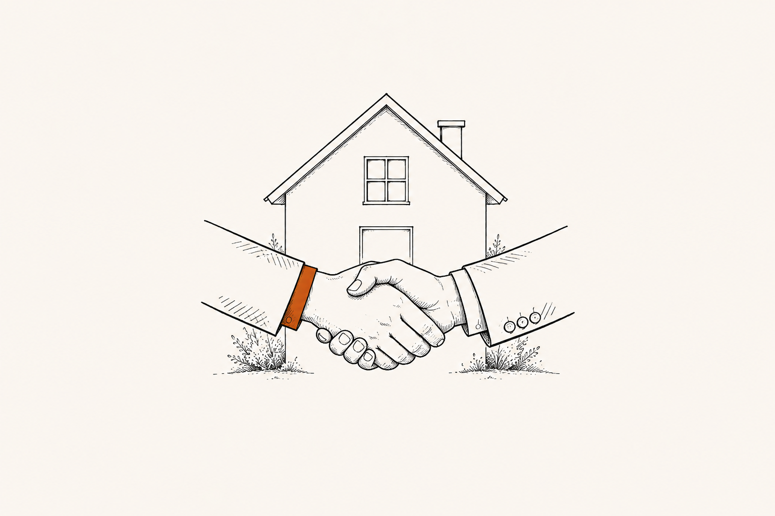 Ink illustration of a handshake in front of a house